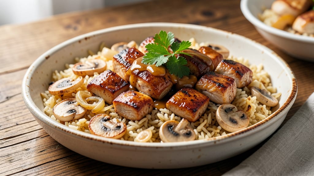 Baked Rice with Chicken and Mushrooms Recipe: Savory One-Pan Harmony