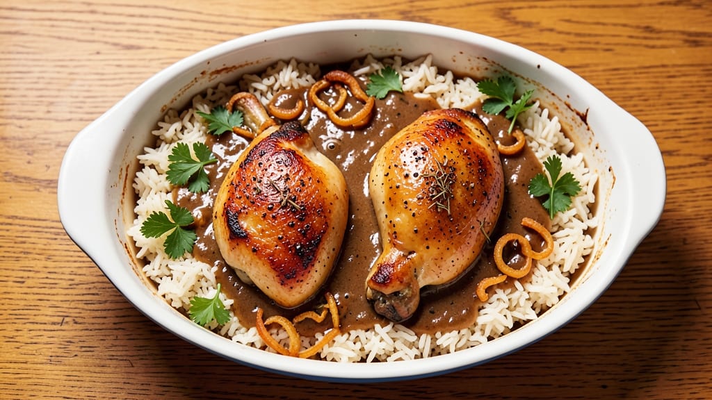 Baked Smothered Chicken and Rice Recipe: One-Pot Creamy Gravy Magic