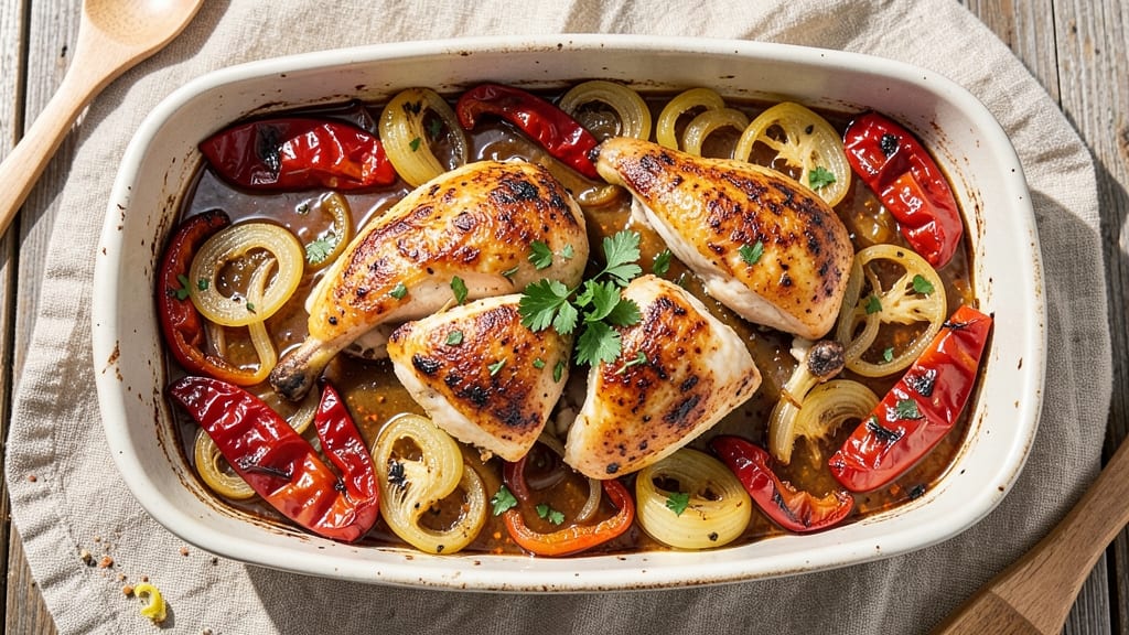 Baked Chicken With Peppers and Onions Recipe: Sweet Paprika-Kissed Crispy Edges