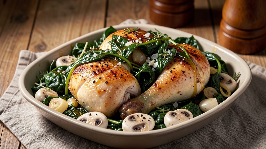 Baked Chicken, Spinach, and Mushroom Recipe: One-Pan Herb-Roasted Richness